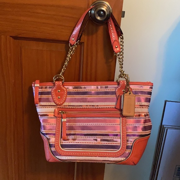 Coach Sequin Striped Pink Purple Multi Color Purse